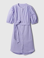 Linen-Cotton Puff Sleeve Mini Shirtdress