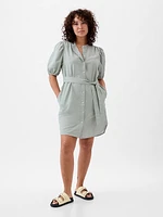 Linen-Cotton Puff Sleeve Mini Shirtdress