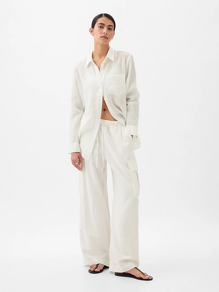 Mid Rise Linen-Cotton Pull-On Cargo Pants