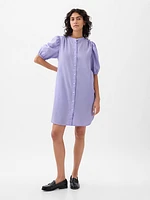 Linen-Cotton Puff Sleeve Mini Shirtdress