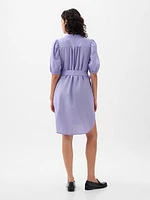 Linen-Cotton Puff Sleeve Mini Shirtdress