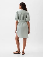 Linen-Cotton Puff Sleeve Mini Shirtdress