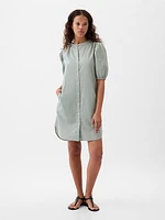 Linen-Cotton Puff Sleeve Mini Shirtdress