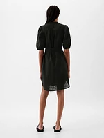 Linen-Cotton Puff Sleeve Mini Shirtdress