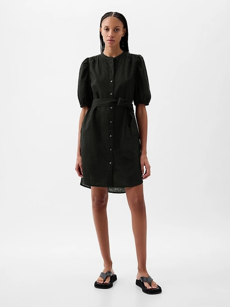 Linen-Cotton Puff Sleeve Mini Shirtdress