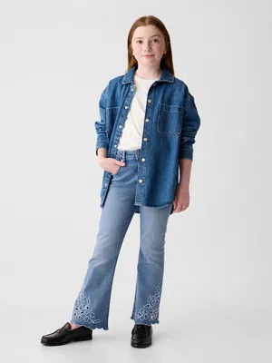 Kids High Rise Embroidered 70s Flare Jeans