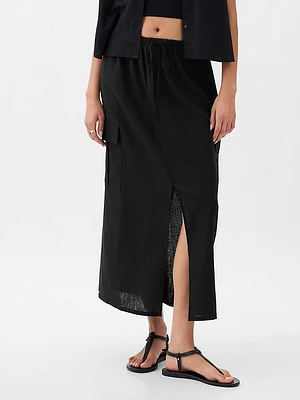 Linen-Blend Cargo Midi Skirt