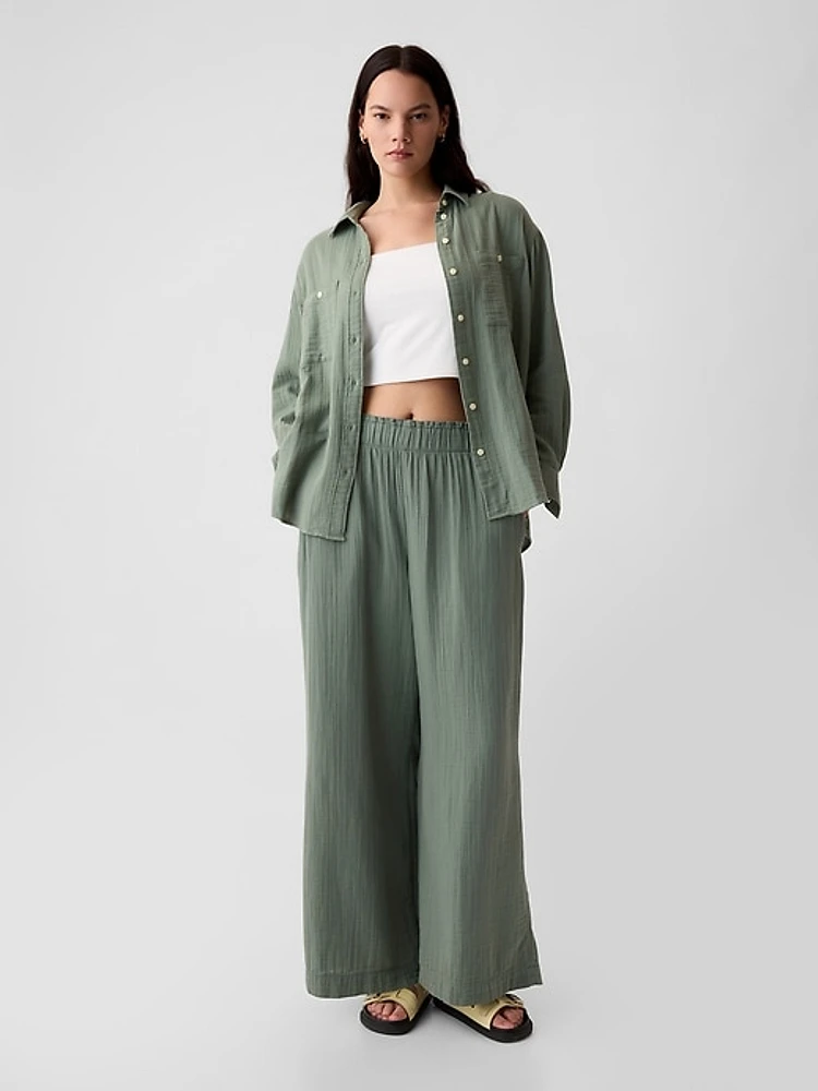 Mid Rise Crinkle Gauze Wide-Leg Pants