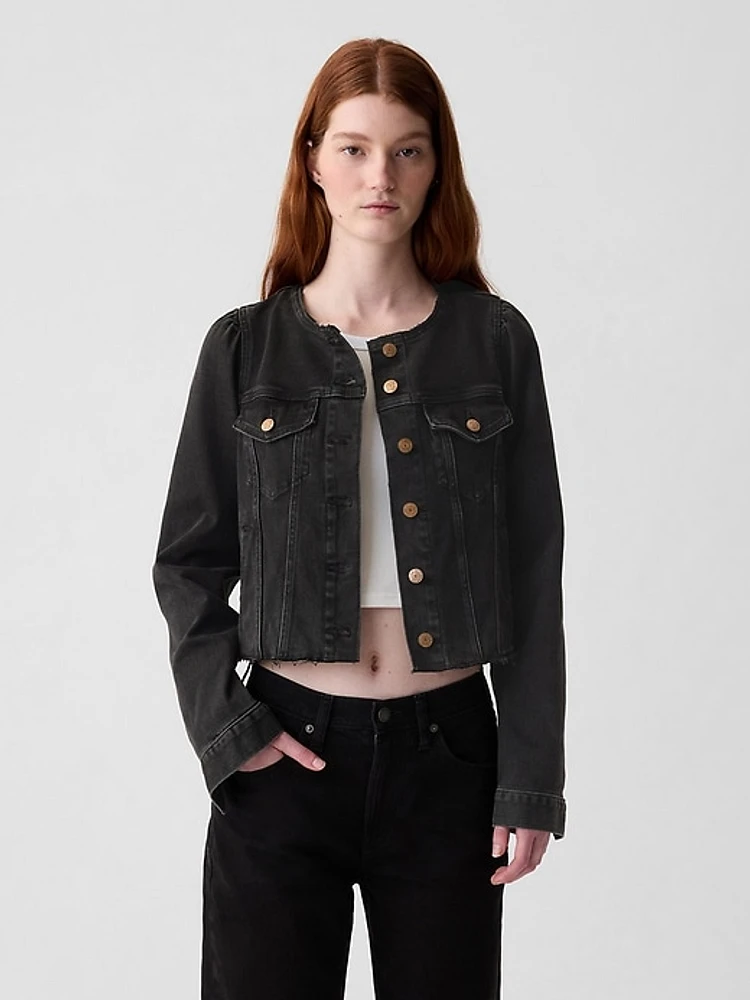 Collarless Cropped Icon Denim Jacket