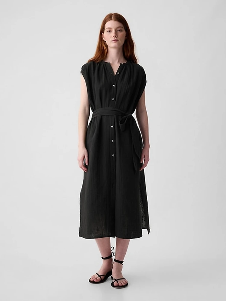 Crinkle Gauze Belted Midi Dress