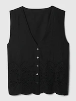 Linen-Blend Eyelet Vest