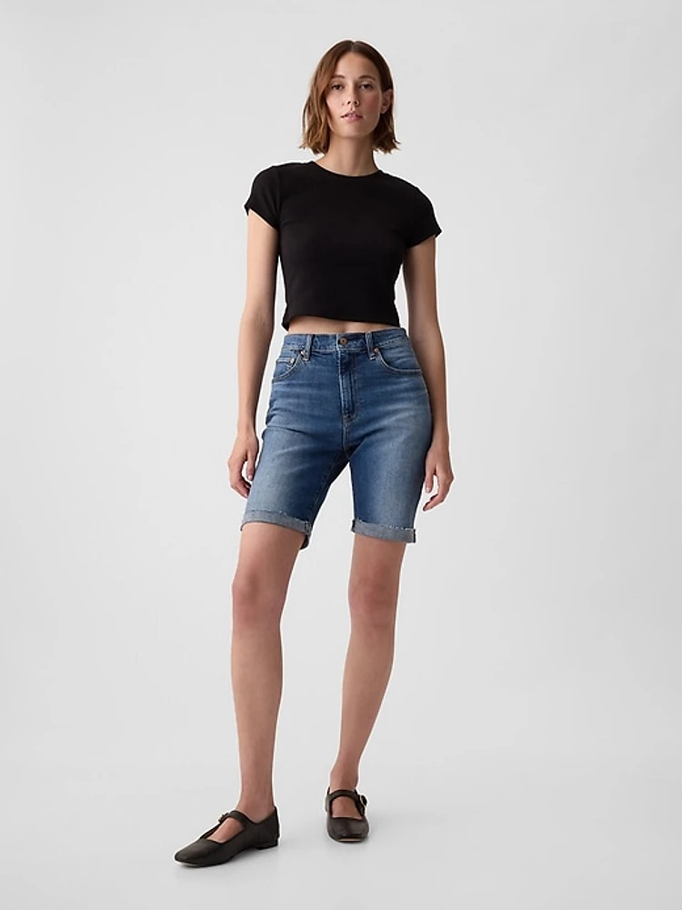 9" High Rise Bermuda Denim Shorts