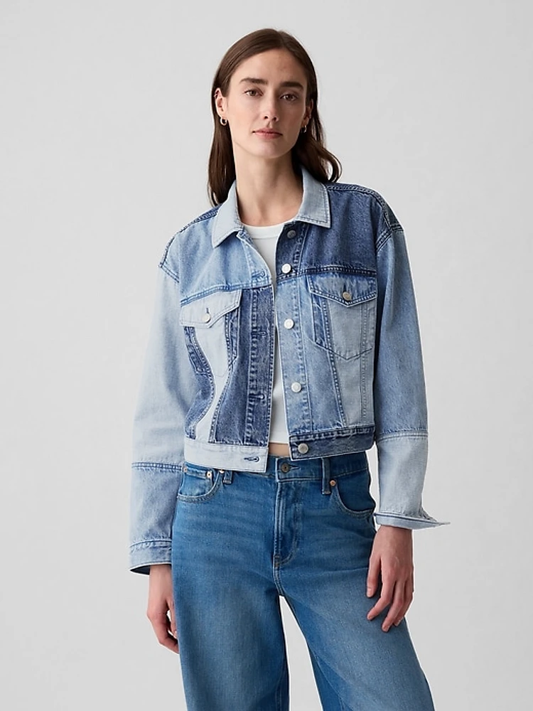 Cropped Patchwork Icon Denim Jacket