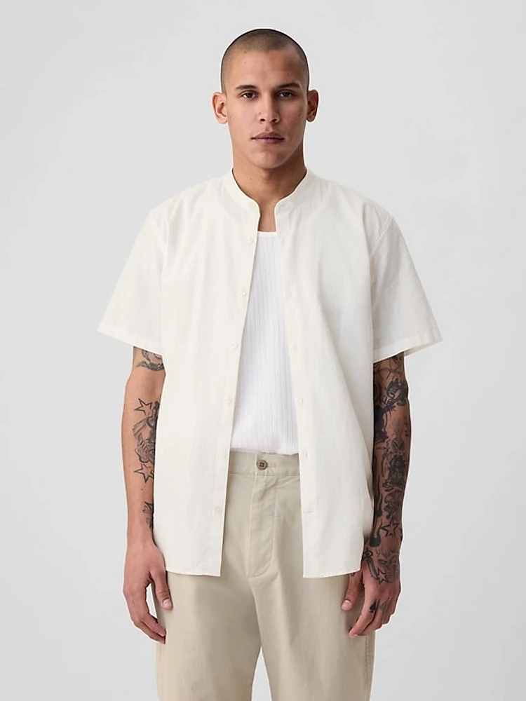 Linen-Cotton Collarless Shirt