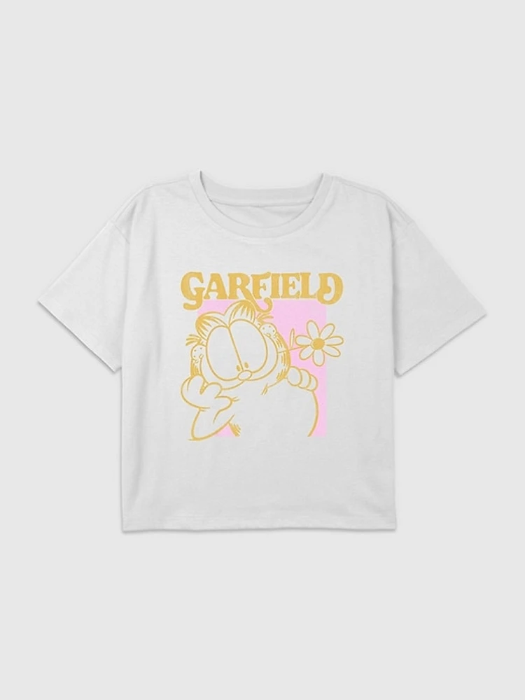 Kids Garfield Retro Flower Power Graphic Boxy Crop Tee