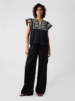 Crinkle Gauze Embroidered Cropped Shirt