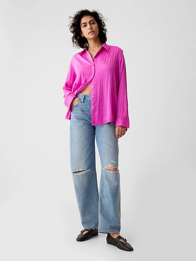 Pleated Satin Boyfriend Shirt