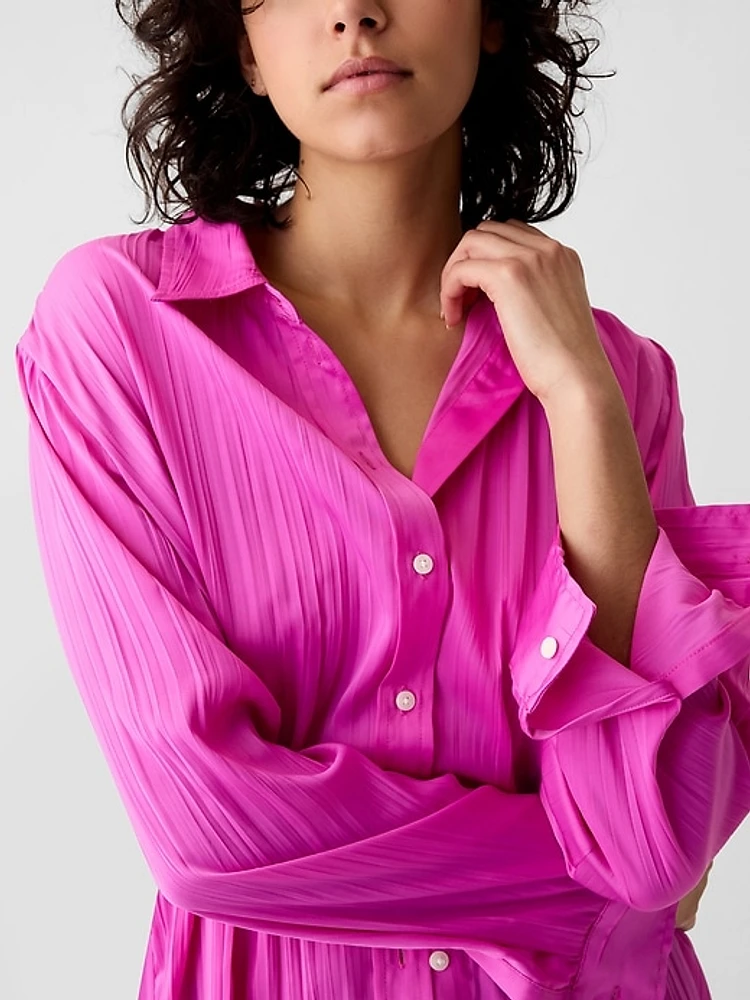 Pleated Satin Boyfriend Shirt