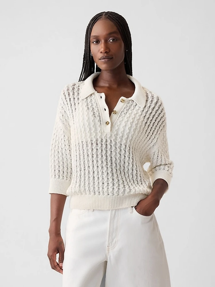 Linen-Cotton Textured Polo Sweater