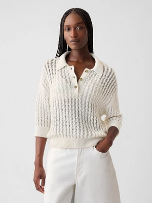 Linen-Cotton Textured Polo Shirt Sweater