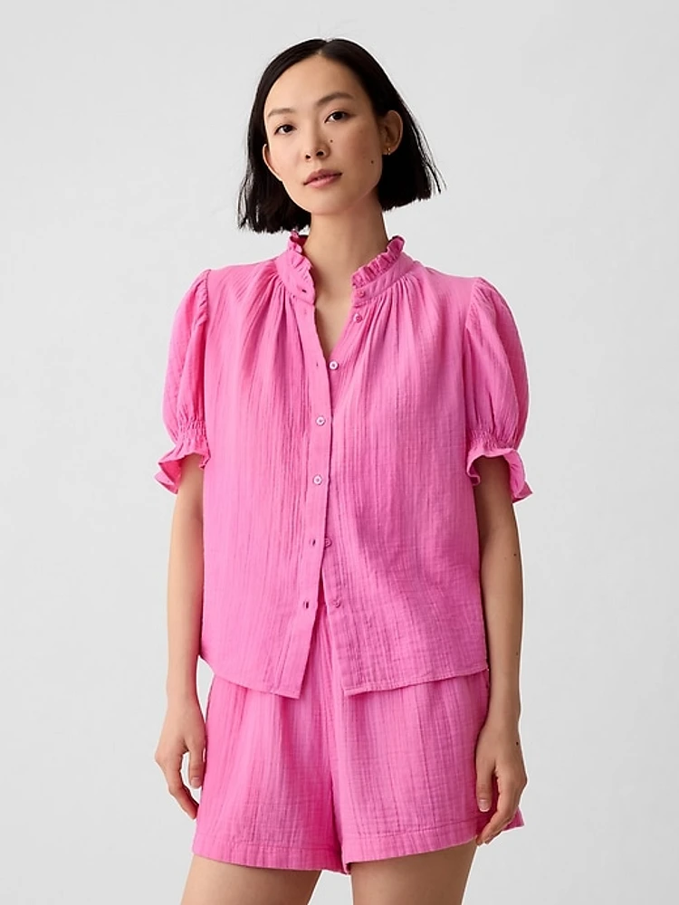 Crinkle Gauze Puff Sleeve Shirt