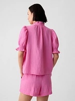 Crinkle Gauze Puff Sleeve Shirt