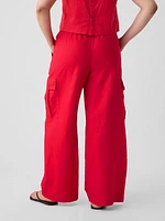 Mid Rise Linen-Cotton Pull-On Cargo Pants