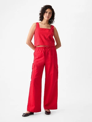 Mid Rise Linen-Cotton Pull-On Cargo Pants