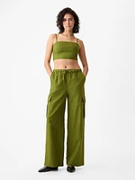 Mid Rise Linen-Cotton Pull-On Cargo Pants