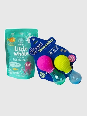 Mobi Little Whale Aquamarine Bubble Bath Powder and Bath Toy Bundle