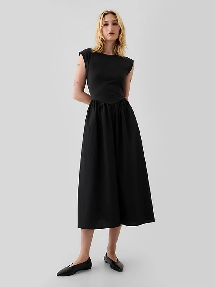 Drop-Waist Mixed Media Midi Dress