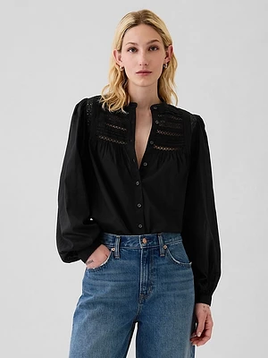 Puff-Sleeve Lace-Trim Shirt