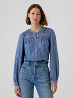 Puff Sleeve Lace-Trim Denim Shirt