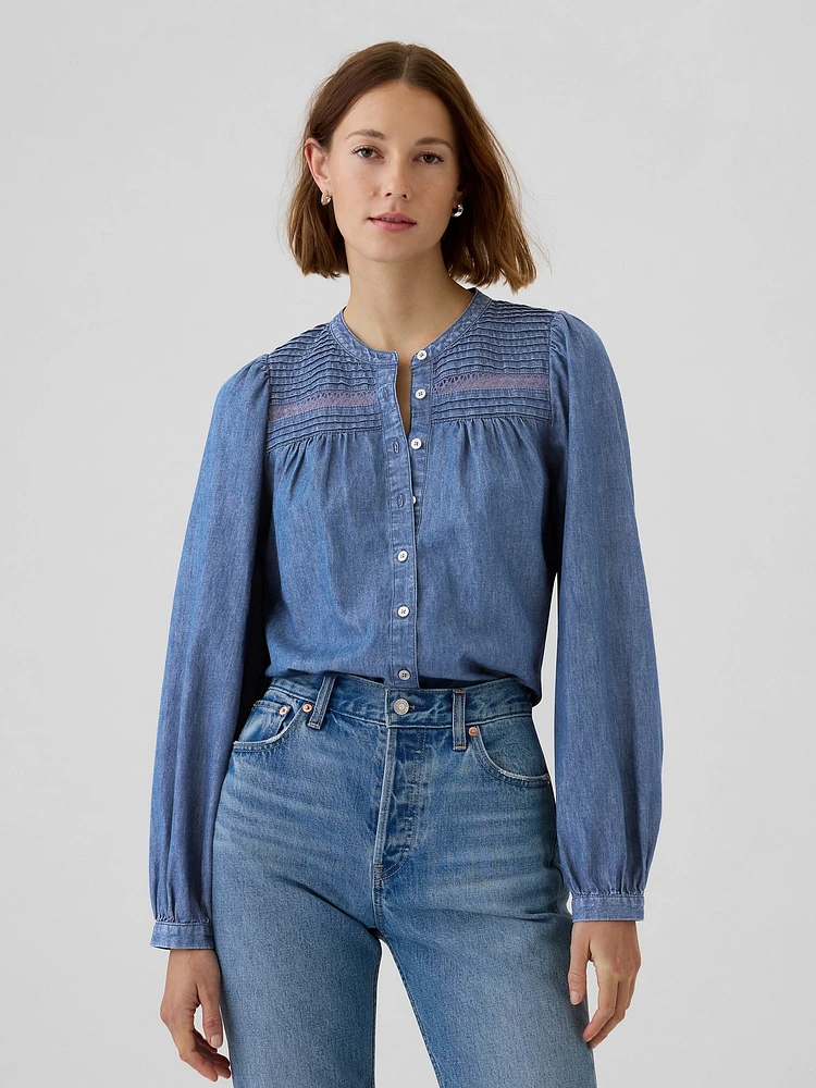 Puff Sleeve Lace-Trim Denim Shirt