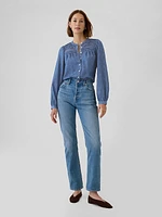 Puff Sleeve Lace-Trim Denim Shirt