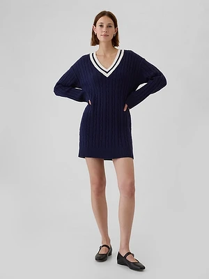 CashSoft Varsity Cable-Knit Mini Sweater Dress