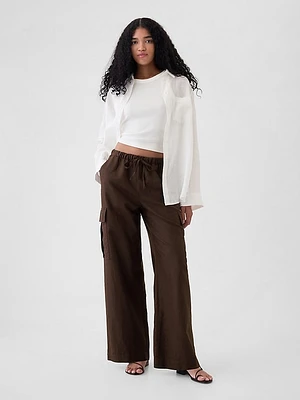 Mid Rise Linen-Cotton Pull-On Cargo Pants