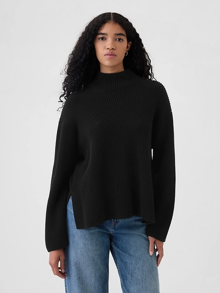 Oversized Split-Hem Mockneck Sweater