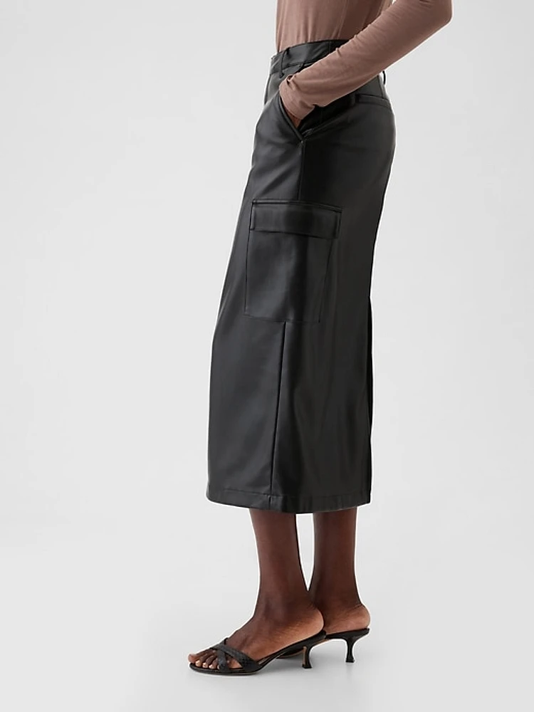 Vegan Leather Cargo Midi Skirt