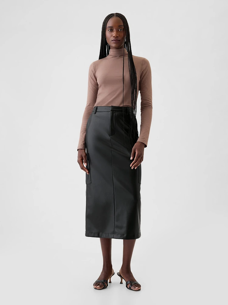 Vegan Leather Cargo Midi Skirt