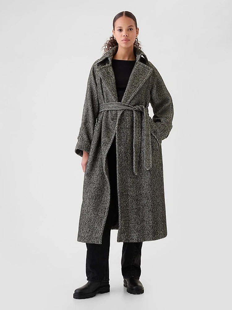 Double-Breasted Herringbone Belted Trench Coat