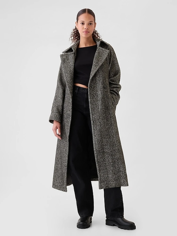 Double-Breasted Herringbone Belted Trench Coat