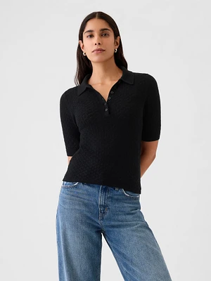 Pointelle Polo Shirt Sweater