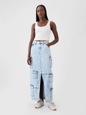 Denim Double Cargo Maxi Skirt