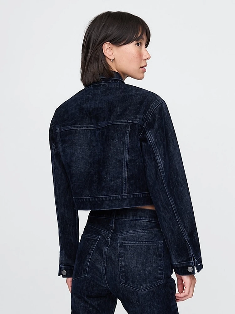Flocked Cropped Icon Denim Jacket