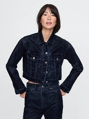 Flocked Cropped Icon Denim Jacket