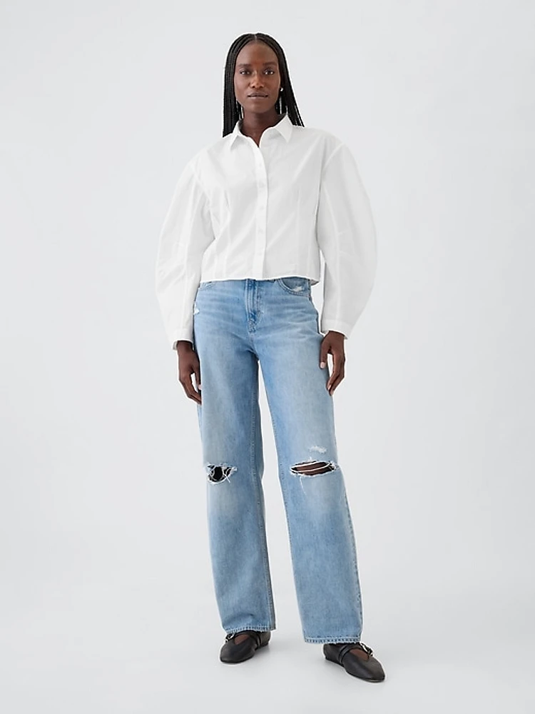 Organic Cotton Poplin Barrel Sleeve Cropped Shirt