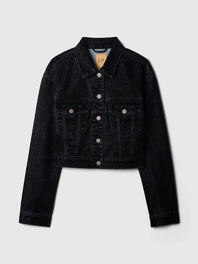 Flocked Cropped Icon Denim Jacket