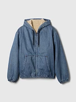 Oversized Sherpa-Lined Denim Zip Hoodie