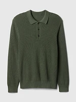 Shaker-Stitch Polo Sweater